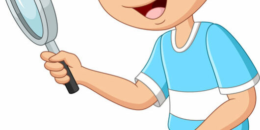 Vector illustration of Little boy using a magnifying glass